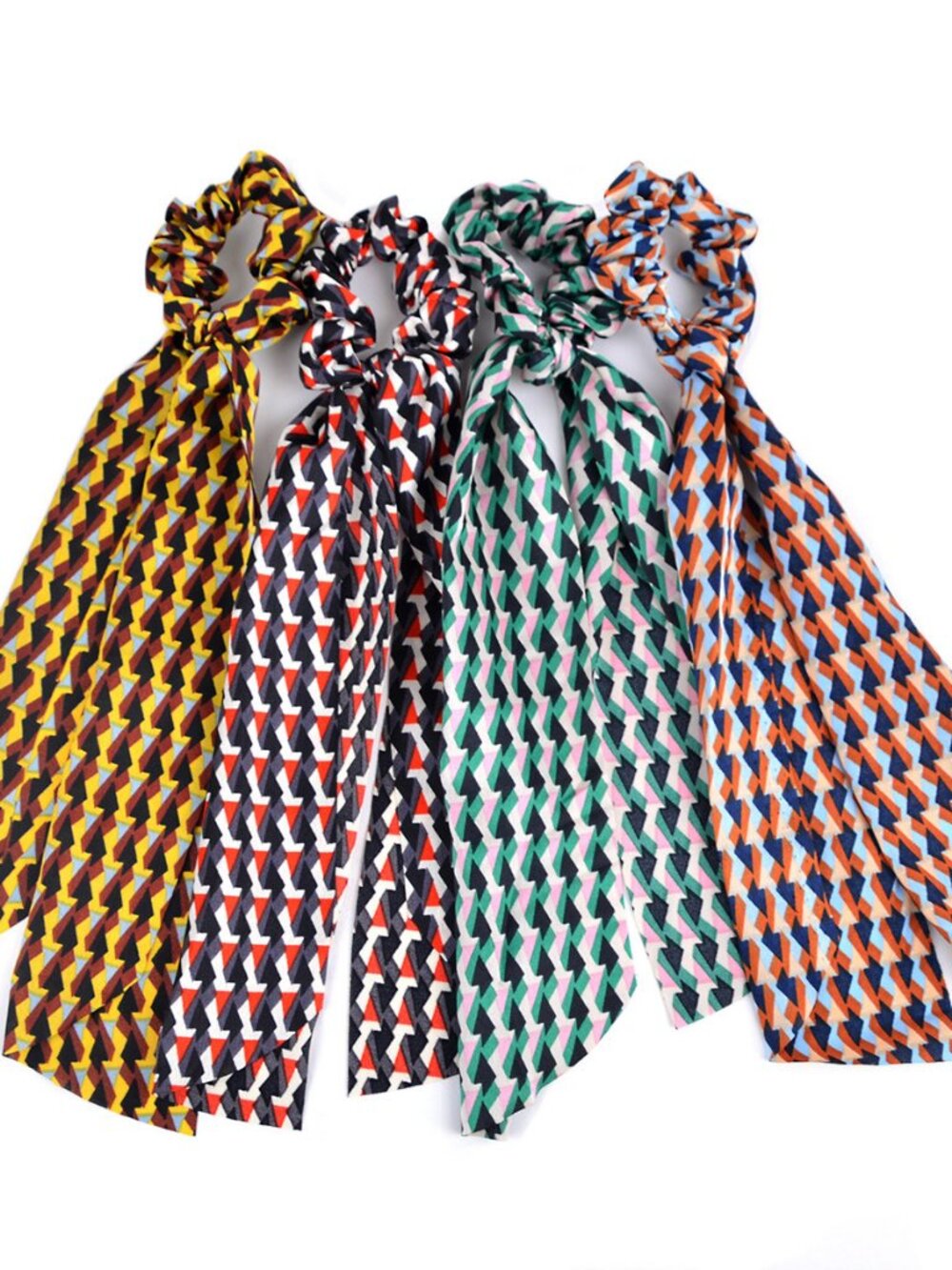 Nollia 4 Sets Geometric Print Scrunchies With Matching Hair Ties, Satiny Fabric